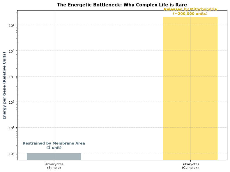 The energetic odds: comparison of energy per gene between prokaryotes and eukaryotes. Biological Odds (Great Filter).