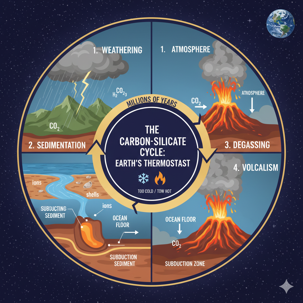 A detailed diagram illustrating the carbon-silicate cycle, showing the loop between atmospheric CO2, rock weathering, marine sedimentation, and volcanic degassing.