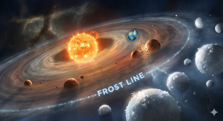 Artist's impression of the early solar system with a visible frost line.