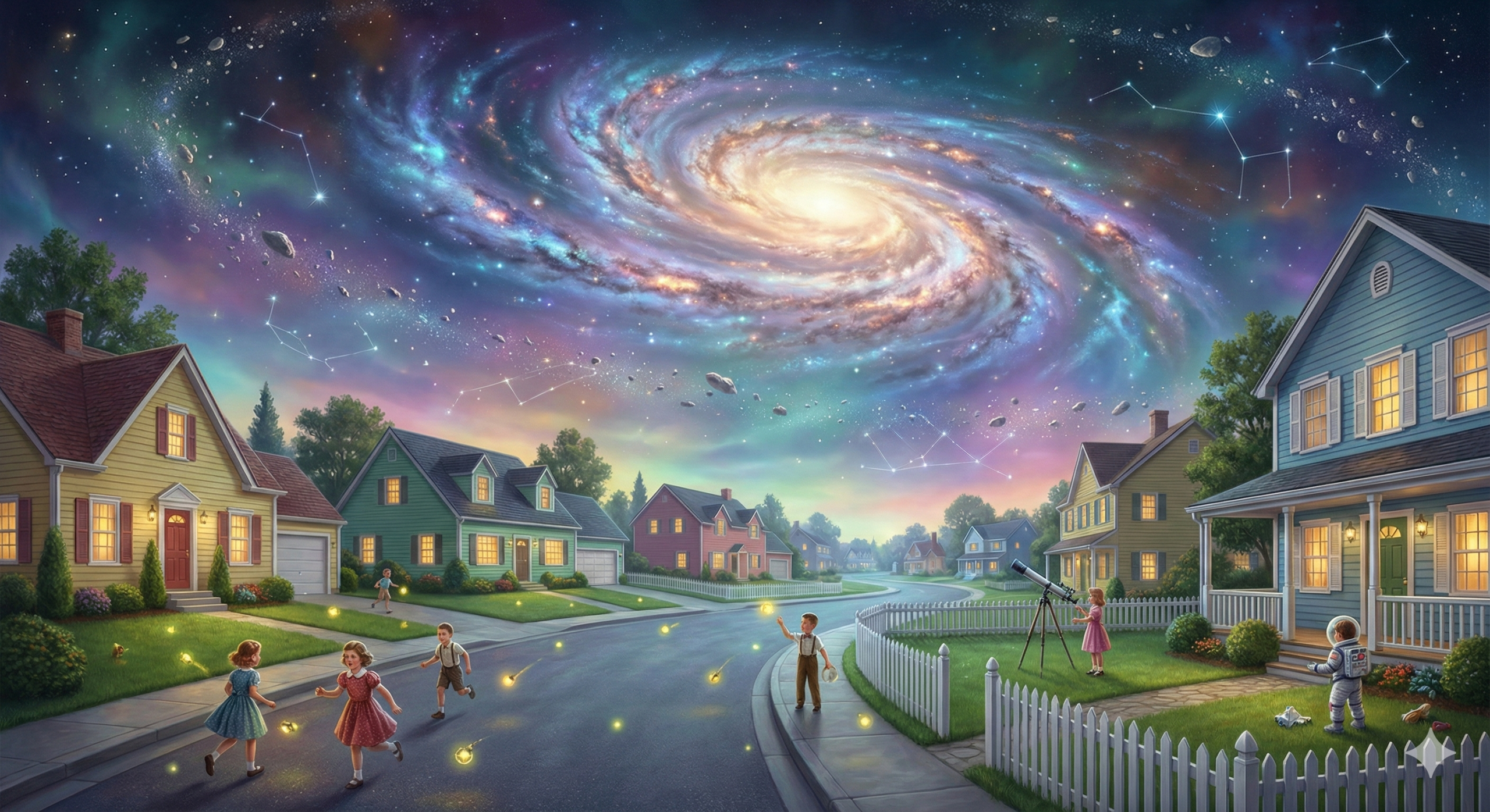 Surreal digital painting of a quaint suburban neighborhood with a vibrant spiral galaxy and nebulae filling the night sky, symbolizing the Galactic Habitable Zone.