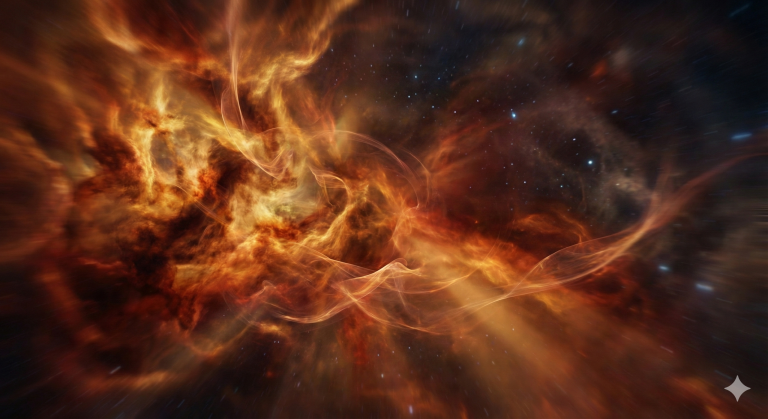 Artistic illustration of the early universe primordial soup, depicting the glowing, opaque plasma of Big Bang Nucleosynthesis before the formation of the first stars.