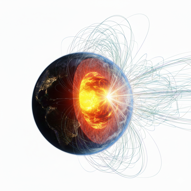 A 3D cross-section illustration revealing Earth’s glowing molten heart and the core's secret: a protective magnetosphere shielding the planet from solar wind