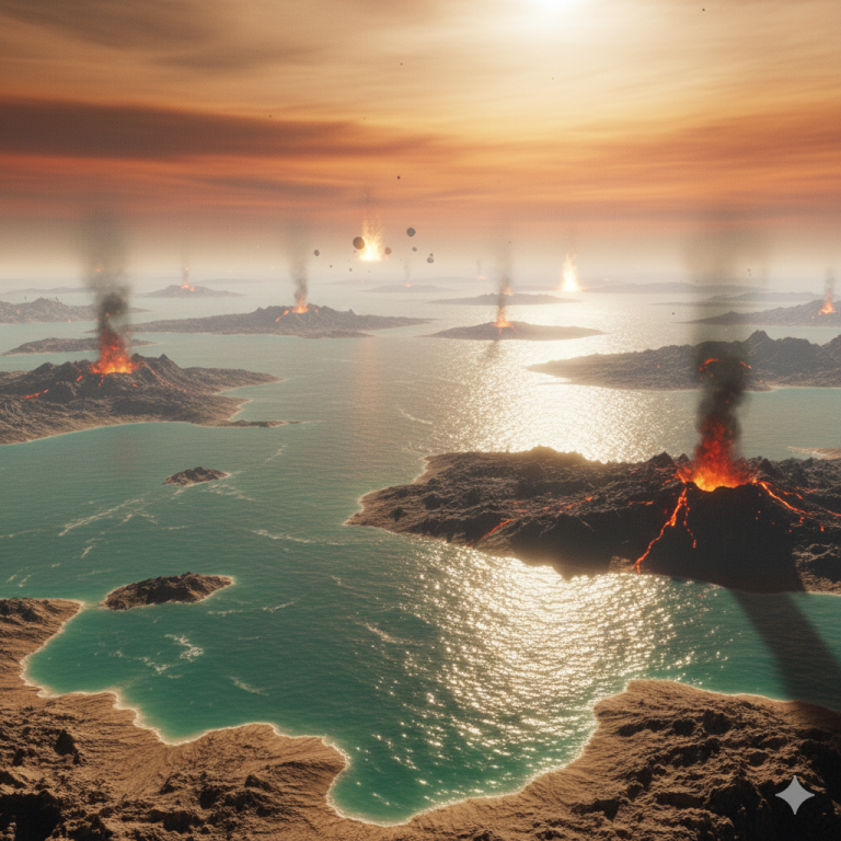 Photorealistic 3D visualization of early Earth during the Hadean Eon showing liquid water oceans, volcanic islands, and a thick orange atmosphere under directional starlight.