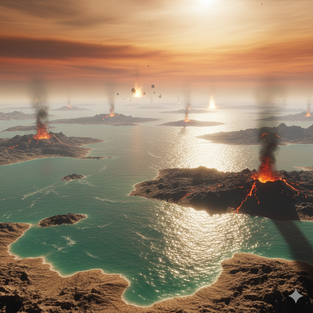 Photorealistic 3D visualization of early Earth during the Hadean Eon showing liquid water oceans, volcanic islands, and a thick orange atmosphere under directional starlight.