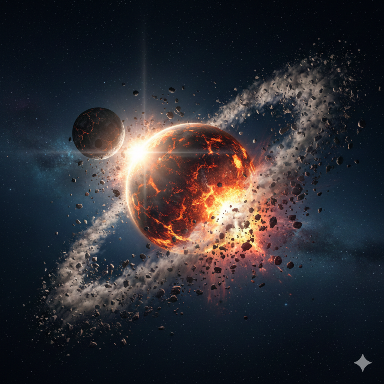 A digital illustration of the Giant Impact Hypothesis showing a Mars-sized protoplanet, Theia, colliding with a molten early Earth, surrounded by a ring of glowing debris and space dust.