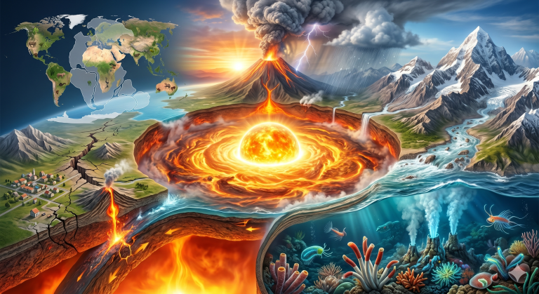 A detailed 3D cross-section of Earth showing the glowing mantle, volcanic eruptions, mountain building, and deep-sea hydrothermal vents illustrating how plate tectonics drives the engine of life.